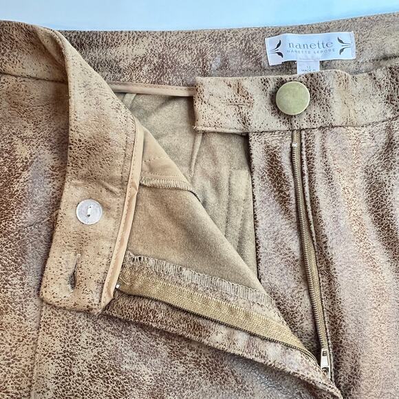 Nanette Lepore Faux Suede Leather Pant Womens 12 Mocha Brown Distressed Stretch - Picture 8 of 12